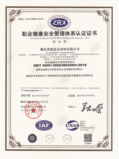 職業(yè)健康安全管理體系認證證書